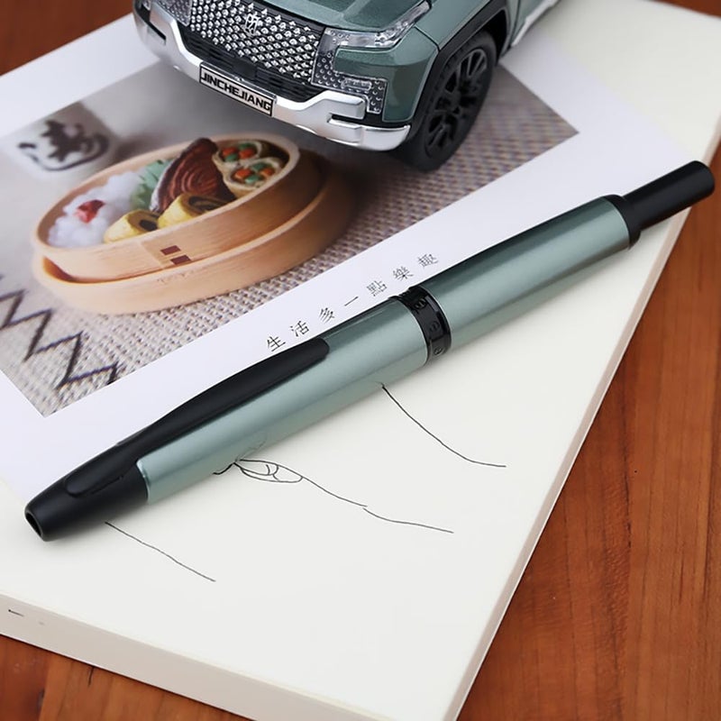 erofa Majohn A1 Press Fountain Pen Fine Nib with Box, Retractable Green Metal Ink Pen with Converter Writing Set (Black Clip Version) - Image 3